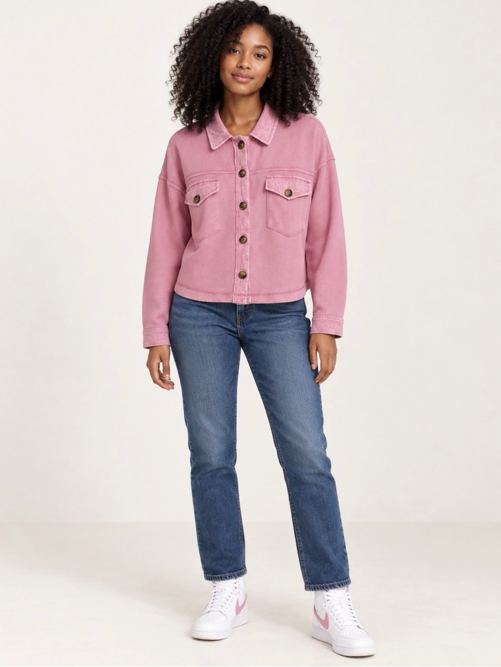 SIX/FIFTY Women’s Waffle-Knit Pink Button-Down Jacket | Pink | Medium